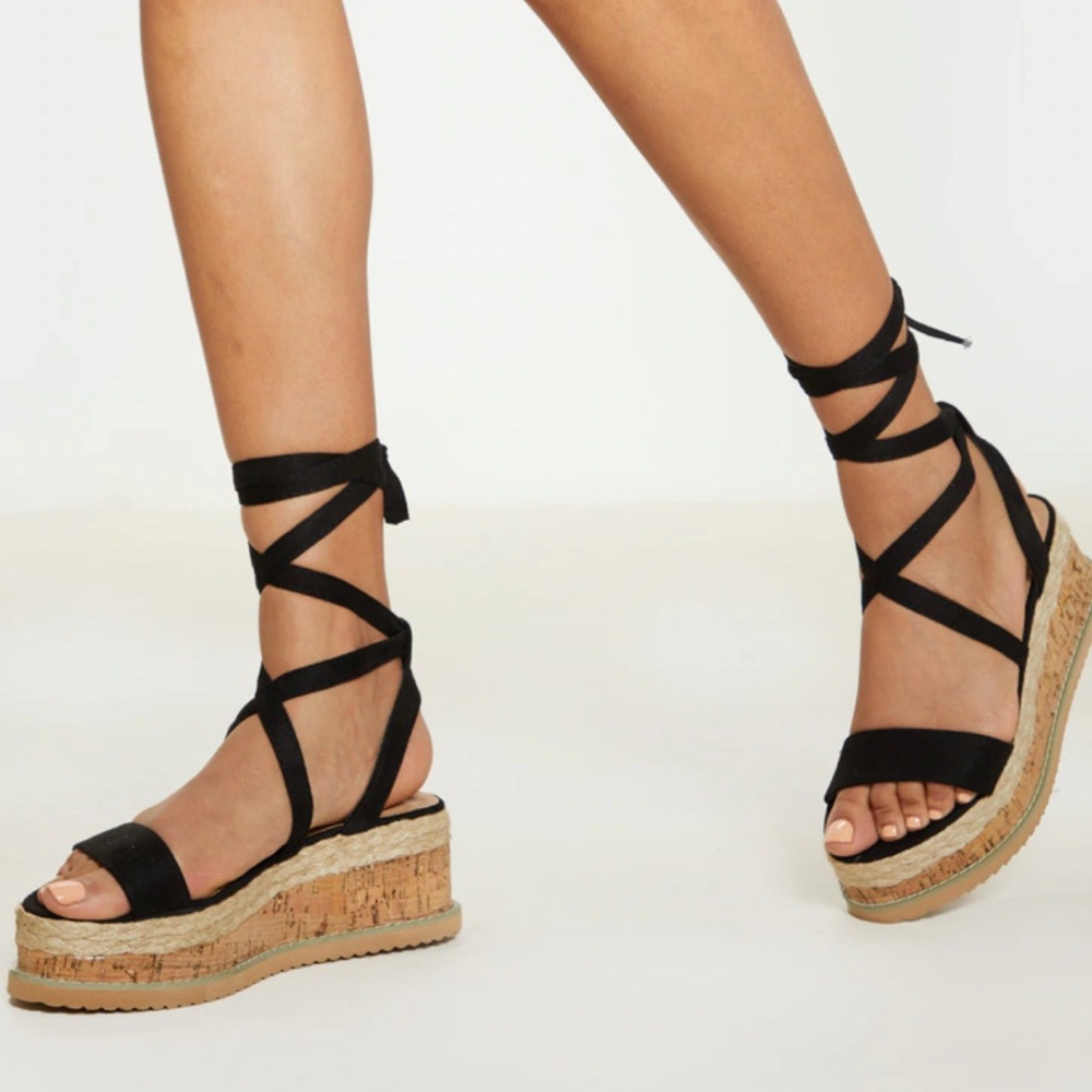 Black Strappy Wedge Sandals